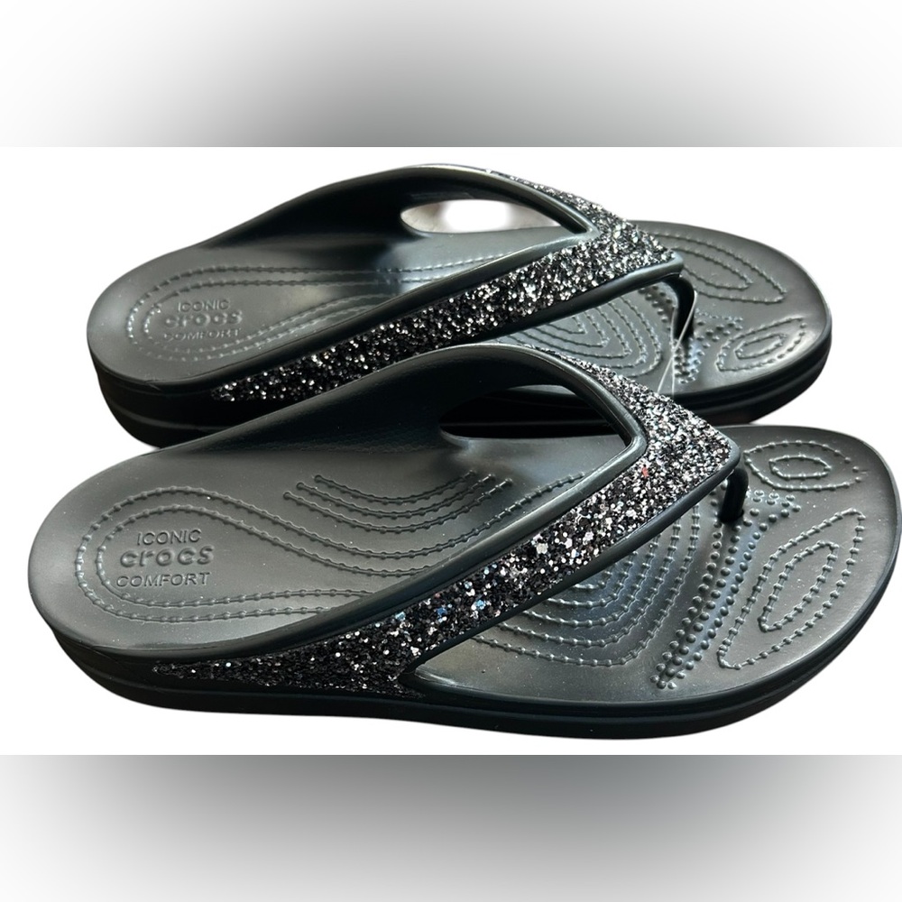 NWT CROCS Black Sloane Glitter Flip Flops SZ 9